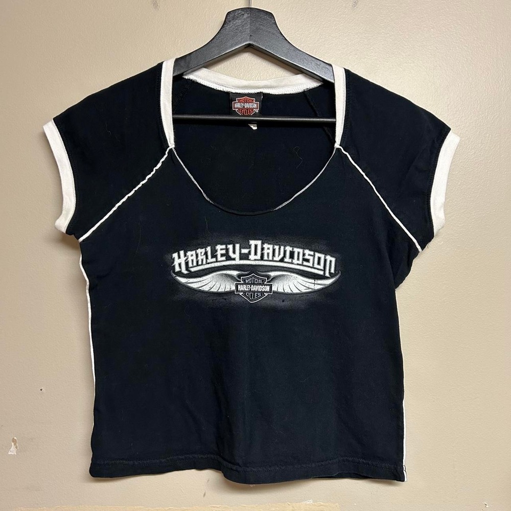Harley Davidson Vintage Y2K Black White Biker Logo T-Shirt Womens Small